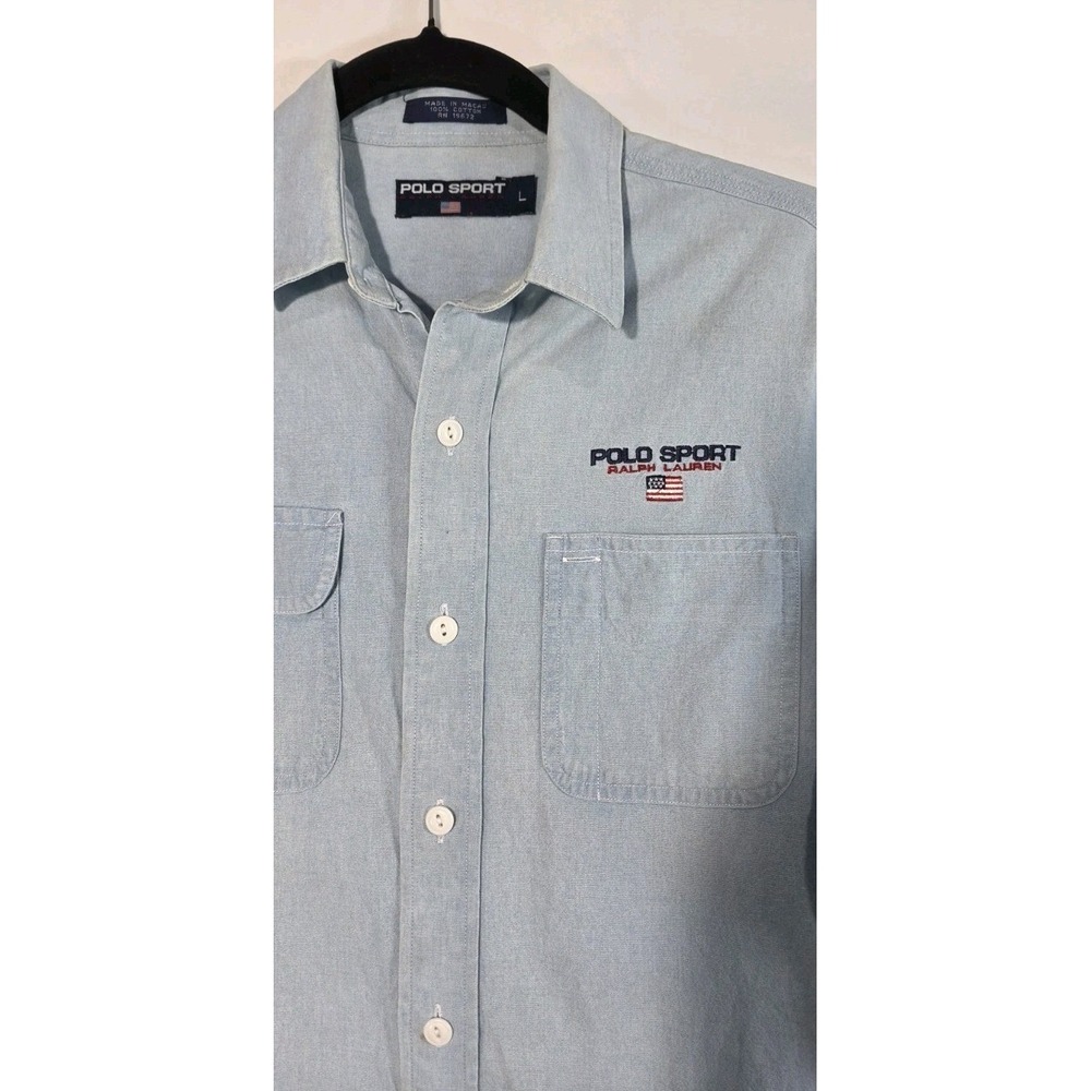 Vintage POLO Sport RALPH LAUREN Shirt Chambray Spell Out USA Flag 90s Blue Large